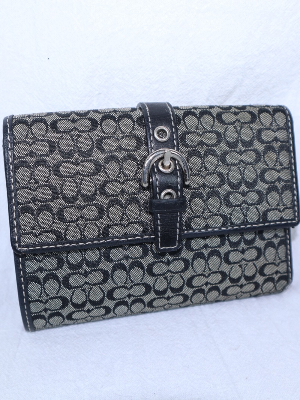 Vintage Monogram Jacquard Coach Signature Tri-Fold Mini Wallet with Buckle Black
